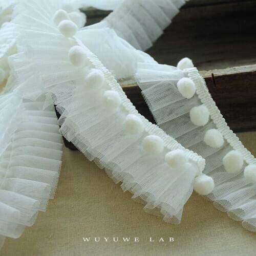 1M White Black Pom Pom Lace Trims Ribbon Mesh Ruffle Pleated Pompom Ball Diy Handmade Sewing Accessories Decoration 5cm Wide
