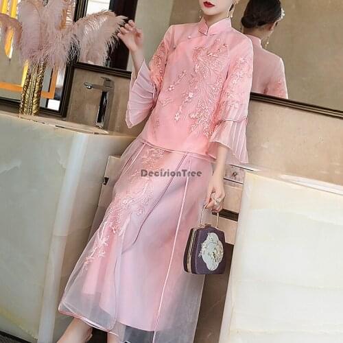 2021 chinese female satin qipao blouse elegant qipao mandarin collar vintage cheongsam vestidos embroidery formal tang blouse