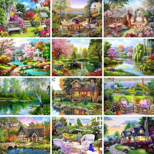 GATYZTORY Diamond Painting Landscape Full Square Round Graden Picture Rhinestones Mosaic Wall Art Cross Stitch