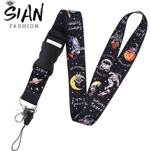 SIAN Black Universe Astronaut Pattern Lanyards Key Chain Cute And Funny Style Lanyard ID Card Holder Neck Pendant Trinket Gifts