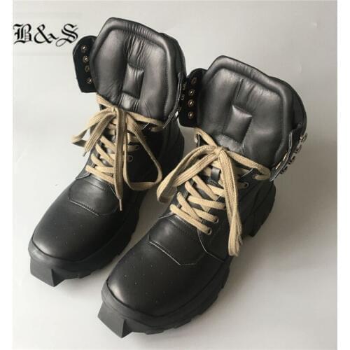 Black& Street Real Picture genuine Leather platform Punk Men Boots army green shoes laces Dunkers Trainer boots