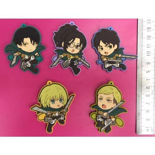 5pcs/lot Attack on Titan Anime keychain Krista Lenz Rivaille Eren Armin Sasha Mantra Rubber strap/phone charms