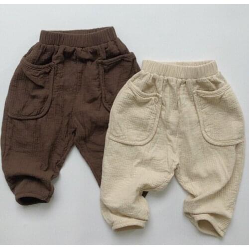 Korean Style Autumn Winter Children Cotton Linen Trousers Retro Casual Pants Solid Color Big Pocket Baby Girls Boys Pants