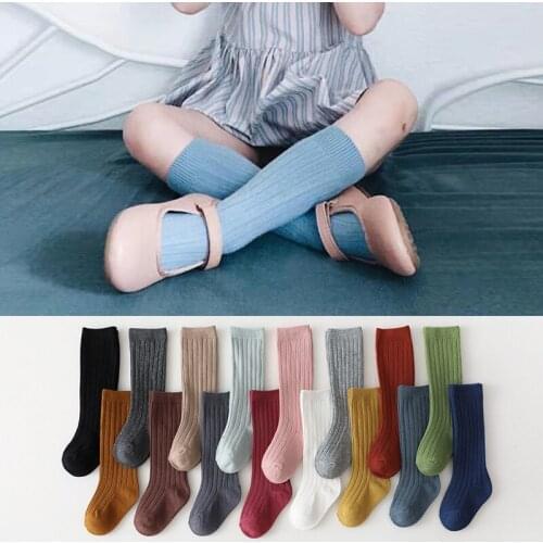 Kids Girls Socks Knee High Long Soft Cotton Toddler Baby Solid Color Socks Vertical Stripes Children Socks School Clothes
