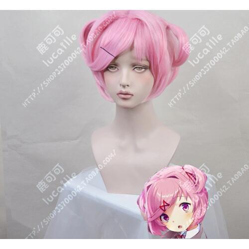 Game DDLC Doki Doki Literature Club Natsuki Cosplay Wig Short Pink Heat Resistant Synthetic Hair Wigs + Wig Cap