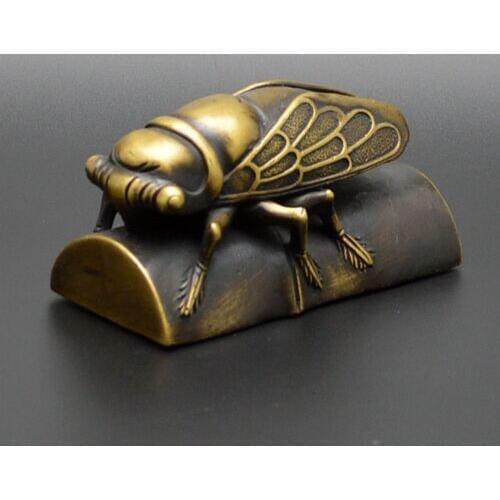 Collection Chinese Exquisite Handwork Brass Animal Cicada Bamboo Brass Carved Paperweight Small Statue