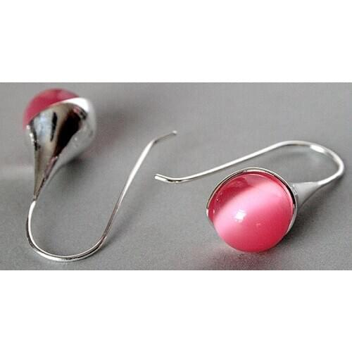 Pretty 14mm Red Cats Eye stone Opal 925 Sterling Silver Hook Earring 1 1/2