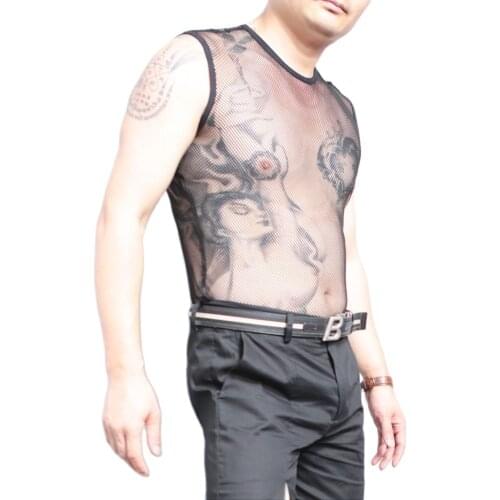 Summer Sexy Transparent T-Shirt Appeal Clothing Sleeveless Nylon Coarse Mesh Men Tight Vest See-Through Close-Fitting Tanks Top