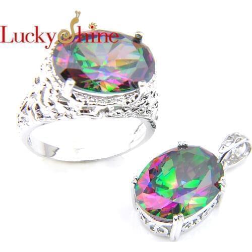Luckyshinen Oval Zircon Rainbow Earrings Rings Sets Silver 925 Womans New Fashion Jewelry Rings Accessories Bridal sets R0650