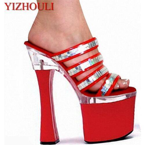 Fashion 18cm Spool Heels Women Platform Sandals Ladies Sexy Punk Shoes 7 Inch High Heels Glitter Female Slippers