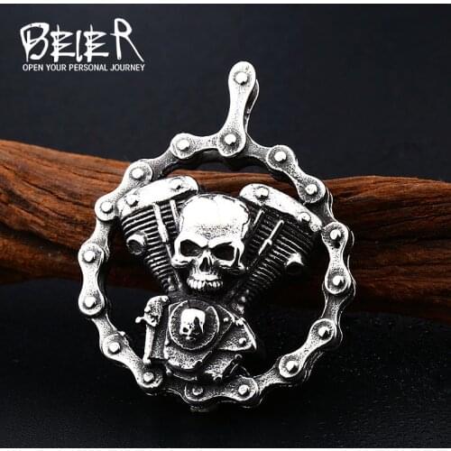 Beier new store Stainless Steel Vintage Skull Pendant Fashion Motorcycle Chain Mens High Quality Gift LLBP8-348P