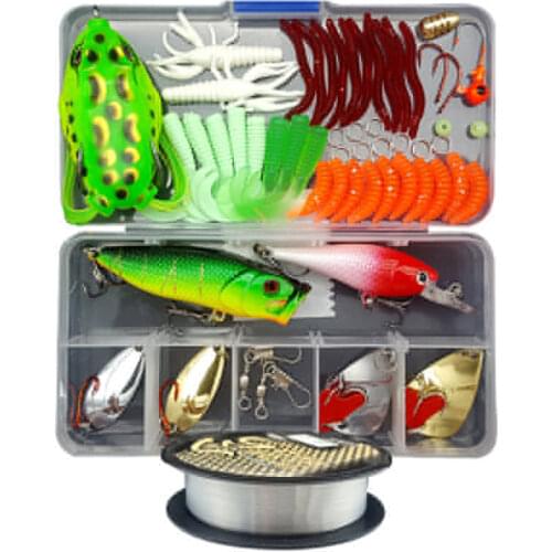 56Pcs Mixed Fishing Lure Set with Box and Fishing Line Artificial Mixed Colors Styles Soft Bait Hard Bait Mixed Fishing Lure Kit