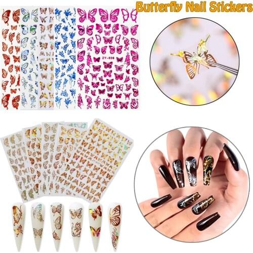 2Pcs Fashion Laser Nail Art Stickers Gold Silver Butterfly Self-Adhesive Sliders Decals Foils Wraps Decorations Nails Manicures