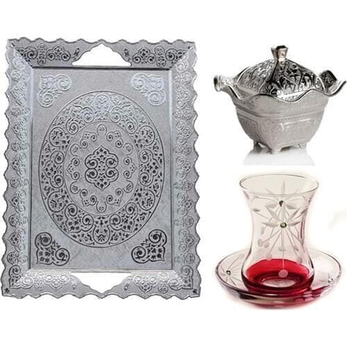 Turkish Tea Cup Set Silver Looking Tray and Sugar Bowl 14 Piece Crown Tea Team Turkish-Arab Tea Tea Sunumları orient Express