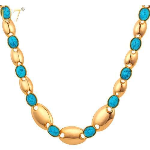 U7 Blue Stone Necklace Trendy Gold Color Semi-precious Stone Fashion Jewelry Link Chain Necklaces For Women N365