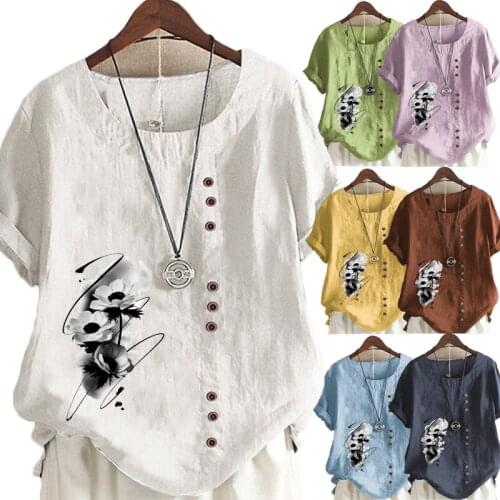 Summer Womens Printed Short Sleeve Round Neck T-shirt Ladies Casual Linen Shirts Plus Size Blouse Tops S-5XL