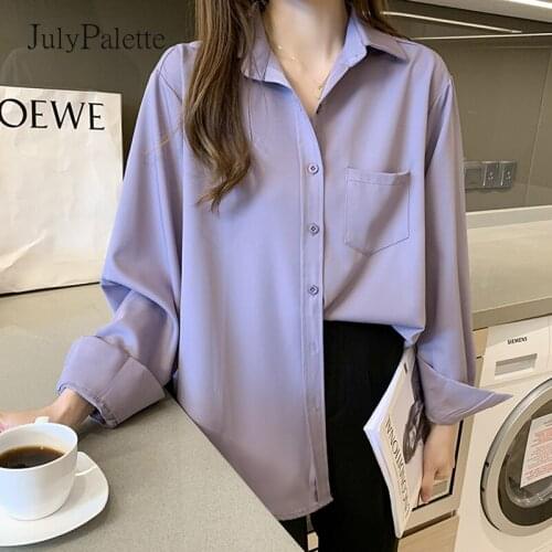 JulyPalette Elegant Office Lady V-neck Loose Women Shirts 2021 Spring Long Sleeve Solid Chiffon Blouses Chic Female Blusas Mujer