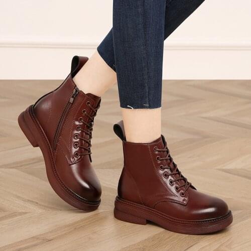 Women Shoes Boots Ankle 2021 Autumn British Wind Genuine Leather Thick bottom Ladies Short Boots Motorcycle Martin Bare boots