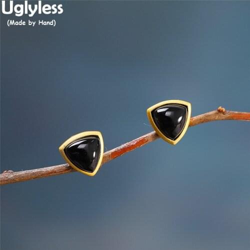 Uglyless Very RARE Dark Green MO Jade Studs Earrings for Women MINI Triangle Earrings 925 Silver Brincos Gold Gemstones Jewelry