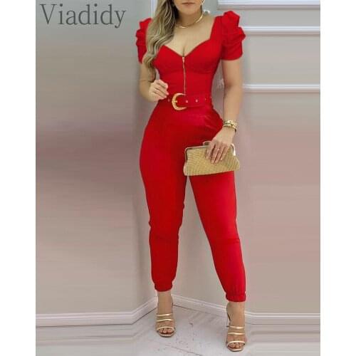Women Elegant Deep V Neck Zipper Front Design High Waist Solid Color Puff Sleeves Jumpsuit with Belt