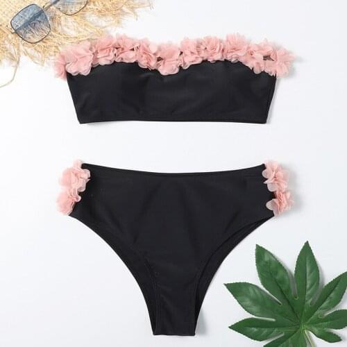 Woman Two Piece Strapless Bikini Swimsuit Solid Swimwear Sexy 3D Flowers Bikini Set High Waist Push up Biquini