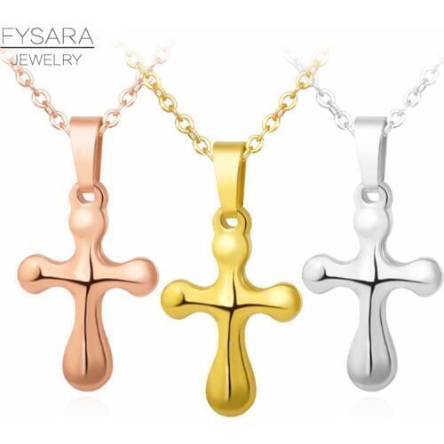 FYSARA Simple Women Cross Necklaces Stainless Steel Chain Short Necklace Gold Color Pendant Necklaces Christian Prayer Jewelry