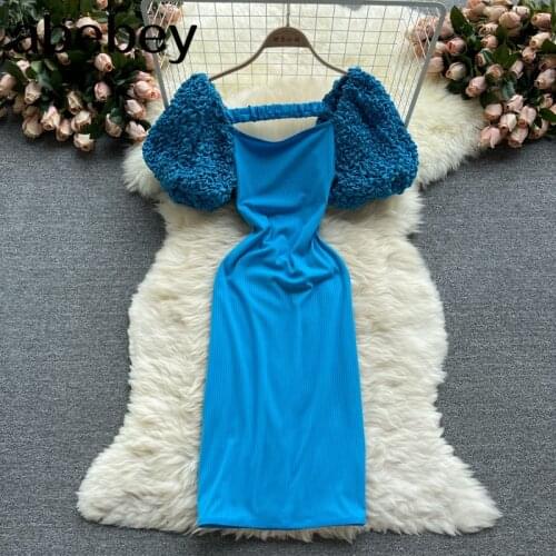 Women Fashion Korean Dress Design Puff Sleeve Square Collar Slim Dresses 2021 Summer Elegant Streetwear Mini Sundress