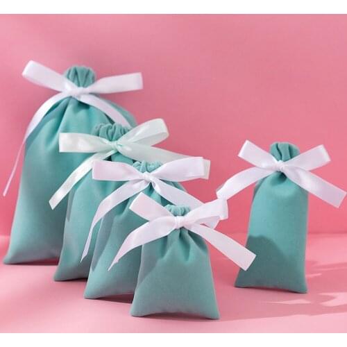 1PCS TF Blue Velvet Drawstring Customized Jewelry Packaging Bowknot Custom Logo Pouches Gift Bags Flannel Cosmetic Bags