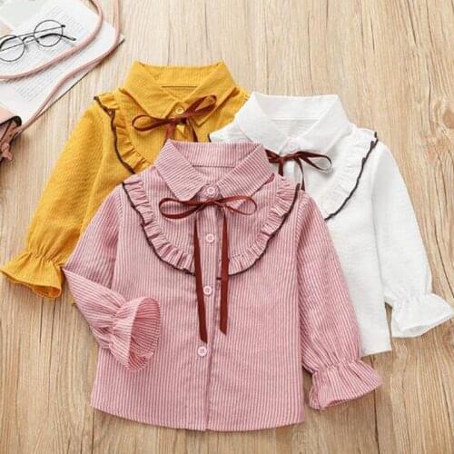 Autumn Spring Baby Toddler School Girls Blouse Striped Bow Kids Ruffles Shirt Children Clothes Long Sleeve Girl Tops And Blouses