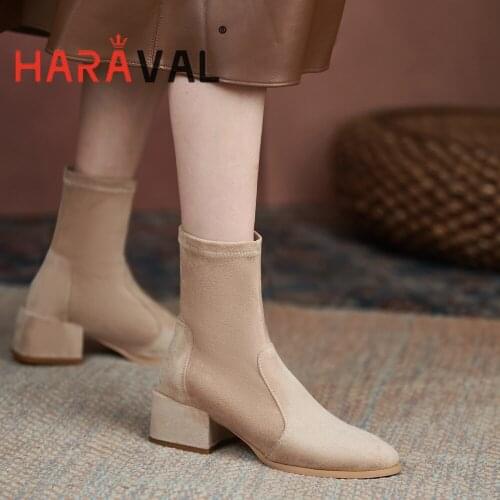 HARAVAL Women Ankle Boots Shoes High Heels Kid Suede Black Brown Spring/Autumn Adult Footwear Elegant Fashion Women Shoes E147L