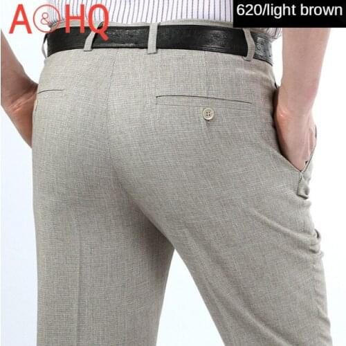 Mens Summer Linen Pants beige Straight Loose Formal trousers men Office essentials Suit Pants Men Size 40 42 44