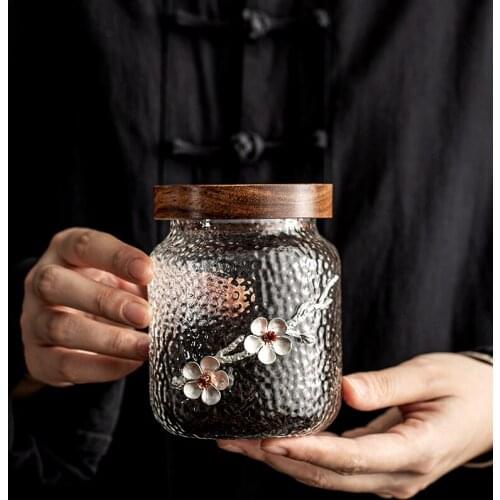 Wooden Cover Tea Caddy Relief Plum Blossom Tea Can Glass Storage Sealed Canister Hammer Pattern Portable Storage Tank Single Jar