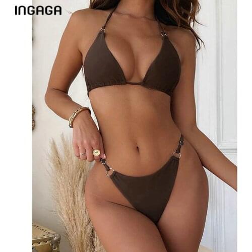 INGAGA Solid Sexy Bikinis Womens Swimsuit 2021 Ring Swimwear High Cut Bathing Suit Push Up Biquini Summer Halter Beach Wear