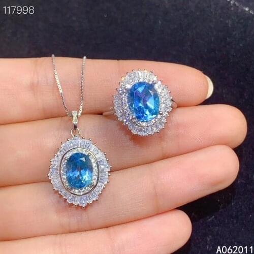 KJJEAXCMY fine jewelry natural blue topaz 925 sterling silver luxury girl new pendant necklace ring set support test