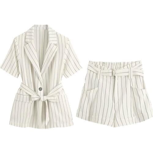 Two piece set womens vertical stripes printed waist tie blazer + high waist with casual shorts 2piece set women