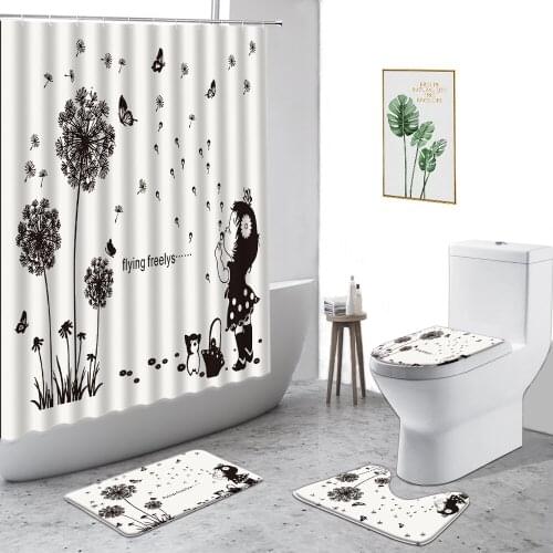 Creative Hand Painted Dandelion Shower Curtain Black Flowers Home Decoration Set Non-Slip Carpet Toilet Cover Bath Curtains Rug
