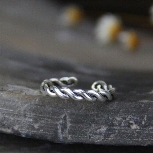 S925 Thai Sliver Twisted Ring Hand Woven Open Resizable Do Old Minimal Small Tiny Finger Accessories Women Gift for Her