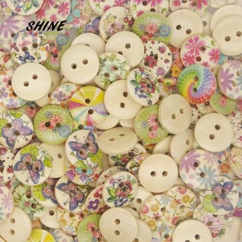 SHINE Brand 50Pcs/Lot Round Wooden Buttons Lovely Flower 15mm Mixed Random DIY Craft Scrapbooking Sewing Accessories W10044