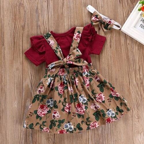 Summer Small Floral Print Dress Europe America Leisure Girls Dresses Red Wine Two-Piece Birthday Party ChildrenS Day Gift