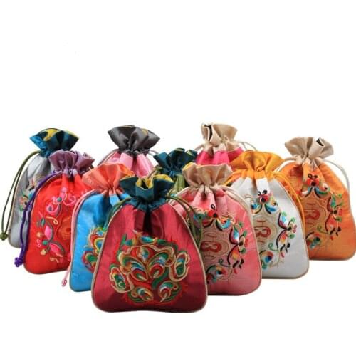 10pcs Chinese Embroidery Small Satin Favor Bags Christmas Wedding Party Drawstring Jewelry Packaging Birthday Gift Pouches