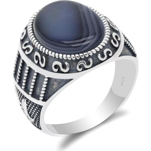 Natural Stone Men Ring 925 Sterling Silver Onyx Stone Vintage Thai Silver Original Ring for Male Women Turkish Handmade Jewelry