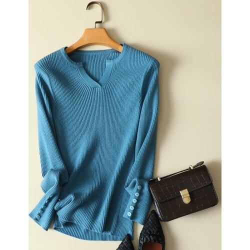 2020 Autumn New Button Knitted Women Sweater And Pullovers V-Neck Elastic Office Lady Elegant Pulls Outwear Tops