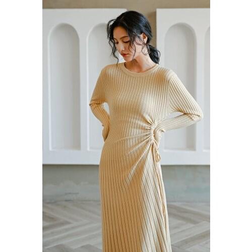 Obrix Spring Autumn Slim Female Dress Fit And Flare Assymetric Length Side Sashes O-Neck Full Sleeve Dress For Women