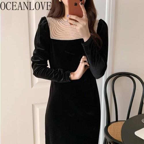 OCEANLOVE Autumn Winter Dress for Women 2021 Velvet Beading Solid Black Vintage High Waist Vestidos Korean Elegant Long Dresses