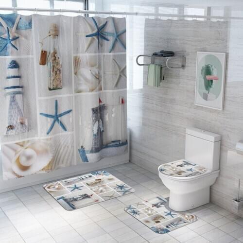 Starfish Print Fabric Shower Curtain Set Bathroom Anti-Slip Toilet Rug Toilet Lid Cover Mat Seaside Style Waterproof Bath Carpet