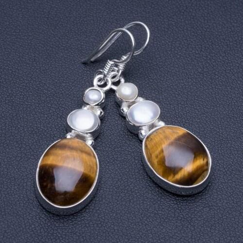 Natural Tiger Eye and River Pearl Unique Punk Style 925 Sterling Silver Earrings 2" P1714