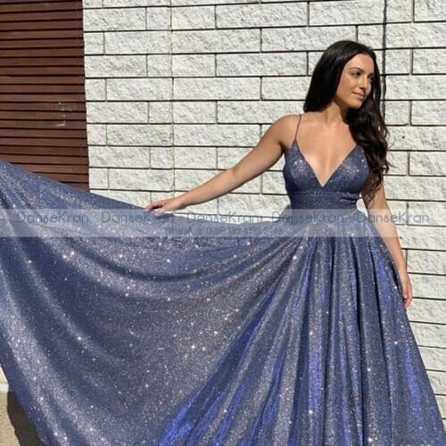 V-Neck Blue Sparkly Prom Dresses 2021 Spaghetti Straps A-Line Long Formal Evening Dresses For Party Robes De Soirée