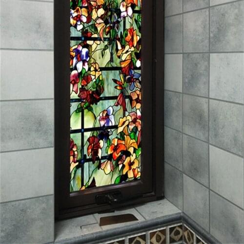 Green pastoral flower pattern static window film living room bedroom bathroom kitchen sunscreen waterproof sliding door film