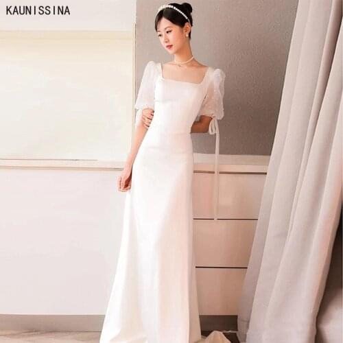 KAUNISSINA Mermaid Wedding Dress Square Collar Short Sleeve Floor-Length Satin Bridal Gowns Plus Size White Simple Bride Dresses