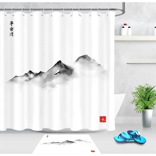 Chinese Style Shower Curtain Ink Painting Bath Curtains Bathtub Screens Chinese Landscape Painting Fabric Bathroom Curtains